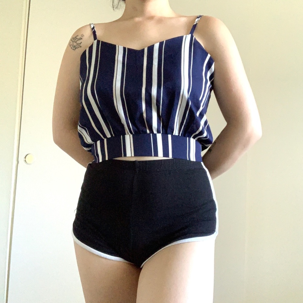 Navy blue and white striped tank top